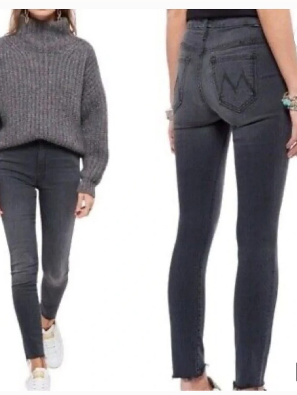 MOTHER High-Waisted Looker Ankle Fray Jeans — Gray
